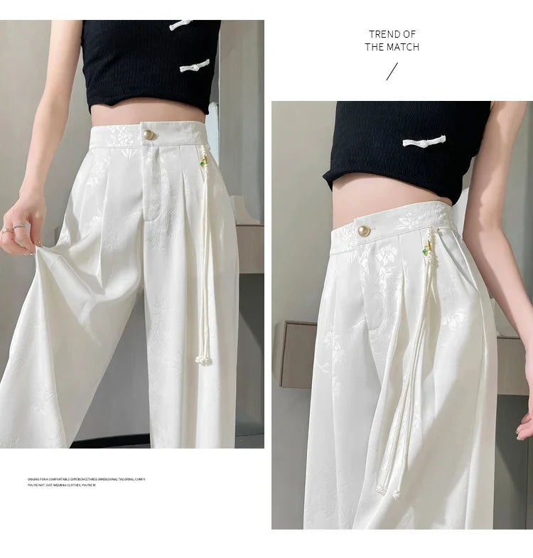 New Chinese Style Jacquard Wide Leg Satin Pants for Women Elegant Solid Office Lady Women's Casual Loose Pants Female
