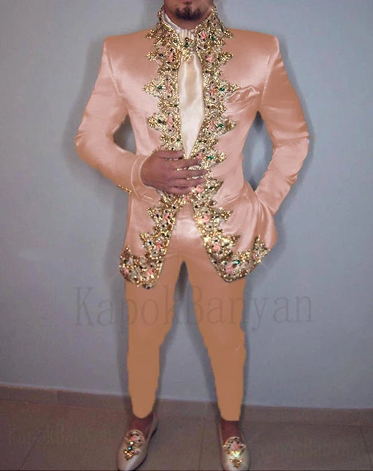 Men Suit 2020 Two Piece (Jacket+Pants+Belt) Italian Stand Collar Slim Fit Wedding Suit for Men Custom Made Embroidery Suit