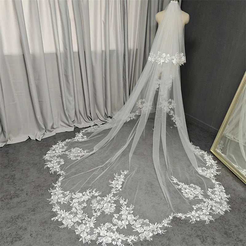 Wedding Veil with Shiny Sequins Lace Customized 2 Tiers 3 Meters Long Bridal Veil with Comb Real Photos Veil Wedding Accessories