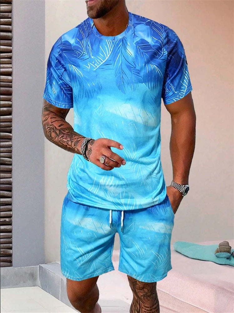 Summer Men's Suit Sportswear Fashion Casual Short Sleeve Vacation Style Gradient Printing Men's T-Shirt Shorts Suit Menswear