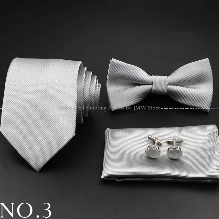 Hot Sale Red Blue Tie Set Polyester Slim Striped Necktie Bowtie Cufflink Brooch For Groom Suit Wedding Cravat Shirt Accessory
