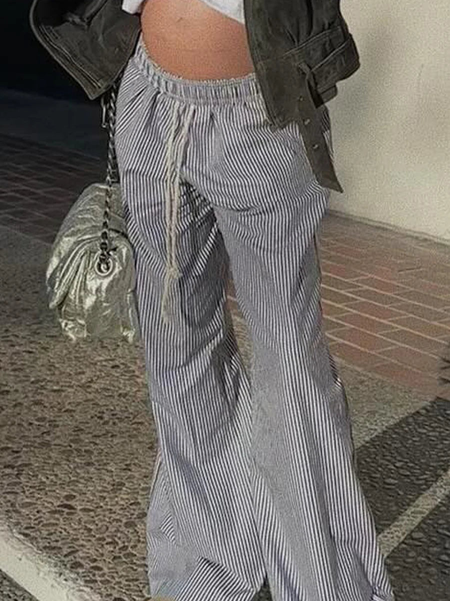 Combhasaki Women Y2K Aesthetic Wide-Leg Pants Stripe Drawstring High Elastic Waist Trousers Spring Fall Retro Sweatpants Bottoms