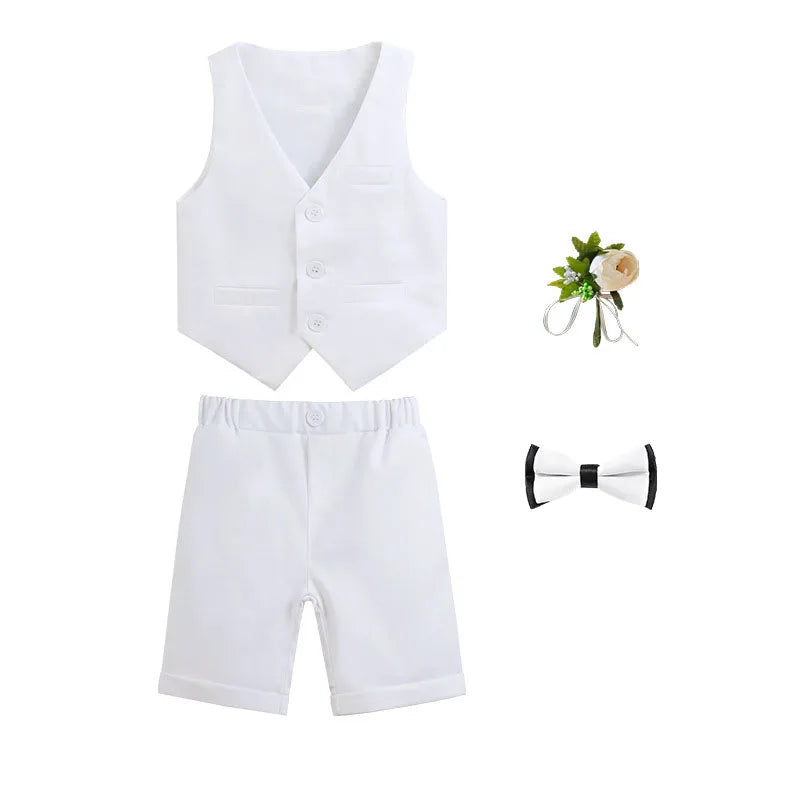 Boys Summer Vest Dress 3Pieces/Set Vest Shorts Bowtie Photograph Suit School Performance Clothing Set Children Wedding Custome
