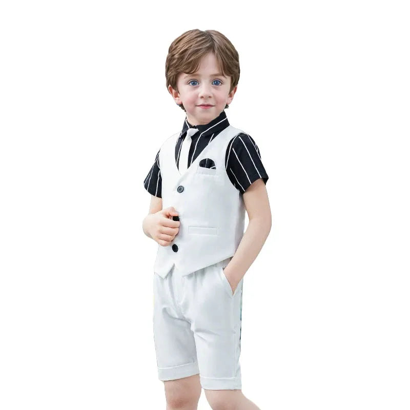 Boys Summer Vest Dress 3Pieces/Set Vest Shorts Bowtie Photograph Suit School Performance Clothing Set Children Wedding Custome