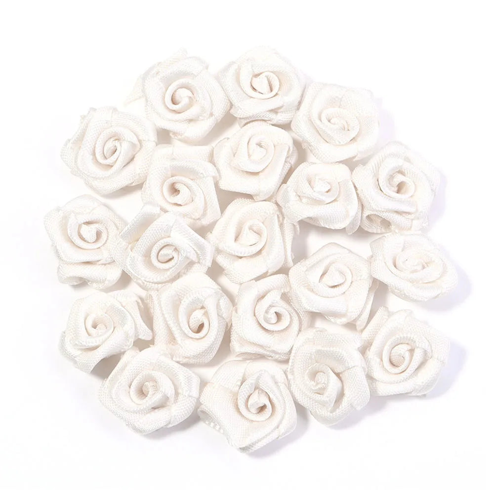 20Pcs/Lot Mini Handmade Rose Flower Satin Ribbon Rosettes Fabric Appliques For Wedding Decoration Craft Sewing Accessories