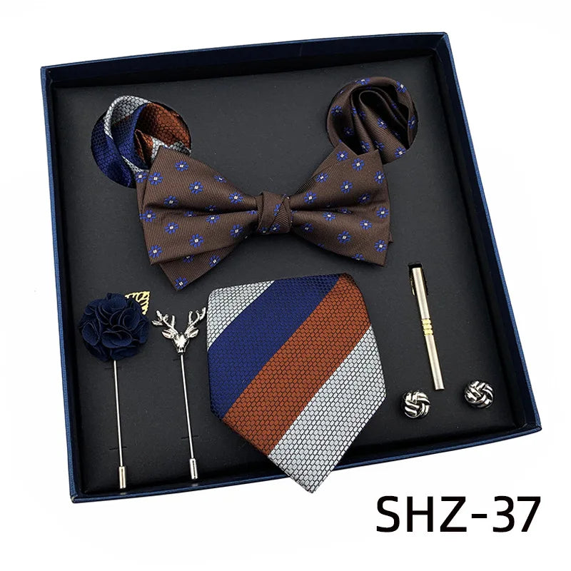 Vintage Green Men's Tie Set Luxury Neck Ties For Wedding Gift Bowtie Handkerchief Cufflinks Tie Clip Brooch Set For Male Necktie