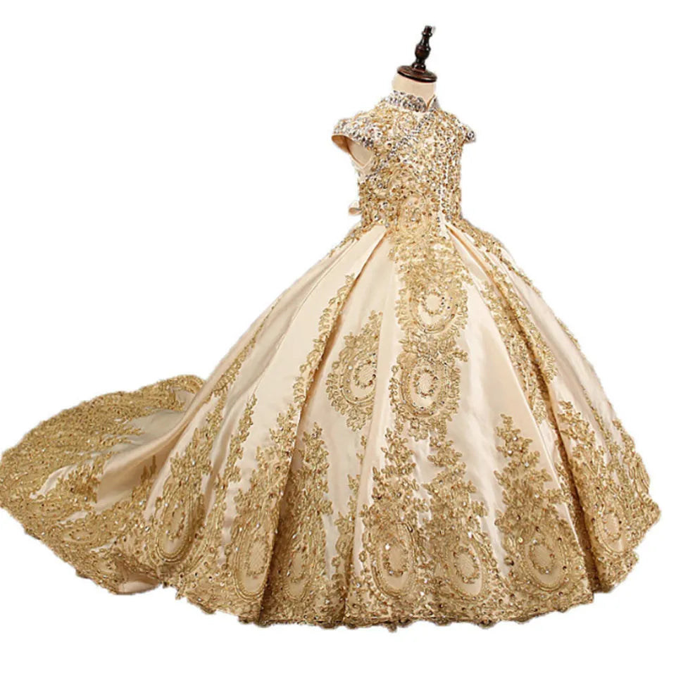 Gorgeous Golden Long Flower Girl Dresses for Wedding Pageant Birthday Cap Sleeve Lace Appliques Child Holy Communion Gown