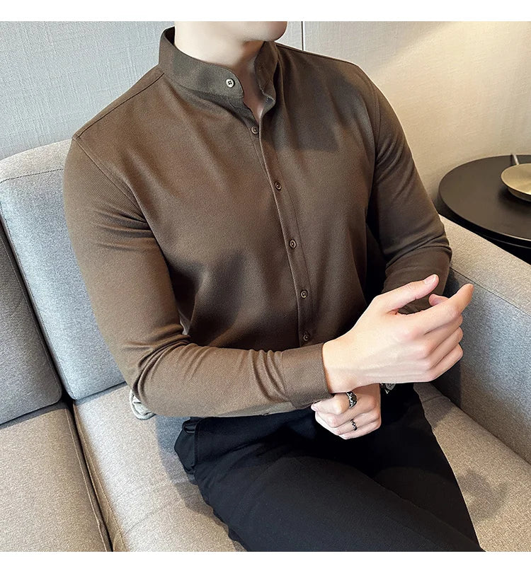 Winter Men Woolen Shirt with British Style Solid Casual Stand Up Collar Thick Warm Wool Formal Dress Shirt Fashion Men Clothing