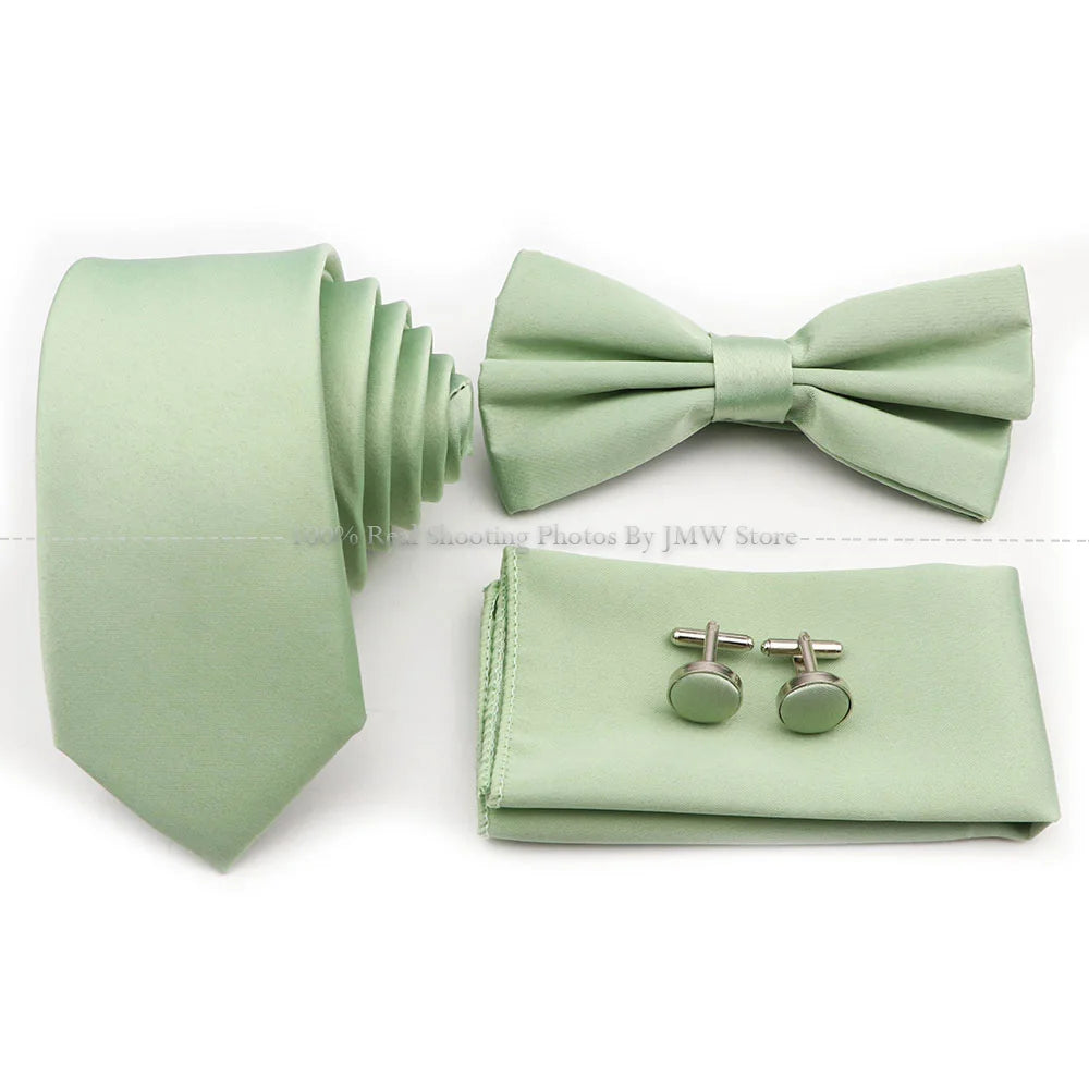 Hot Sale Purple Pink Sage Green Tie Set Polyester Necktie Bowtie Cufflink Brooch For Groom Suit Wedding Cravat Shirt Accessory