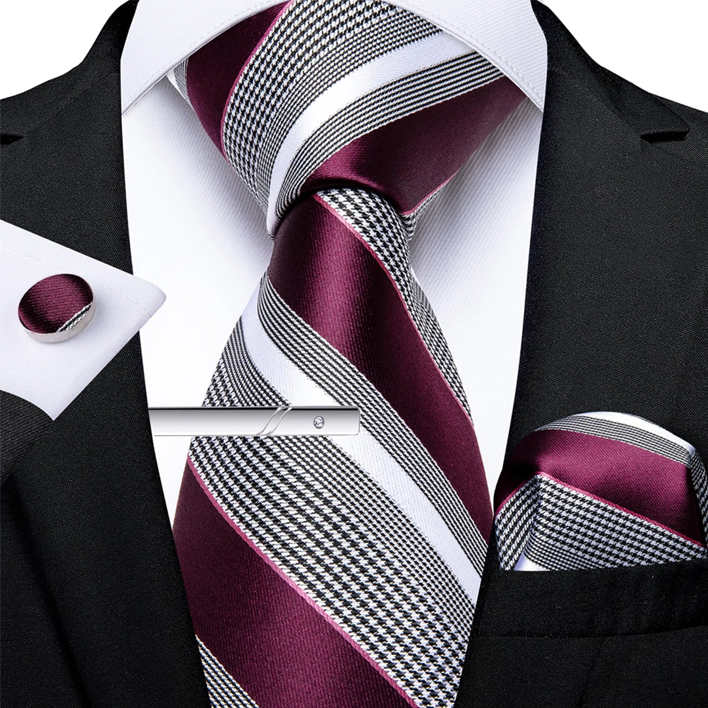 Men's Tie Set with Clip Luxury Retro Red Blue Floral 8cm Necktie Handkerchief Cufflinks Wedding Party Business Accessories Gift
