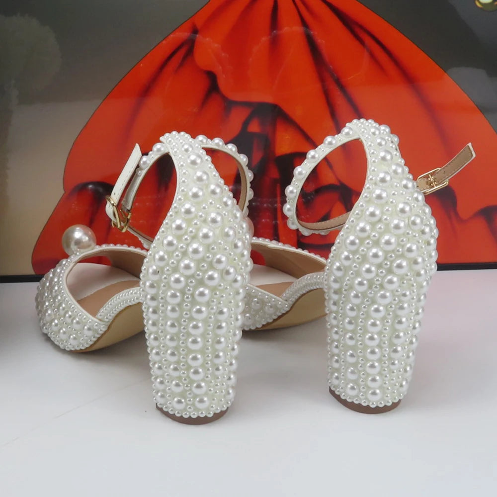 2024 New Arrival Hademade White Sandals Bridal shoes bag set woman Big Pearl Girls fashion Sandals party Shoes Fashion Thin Heel