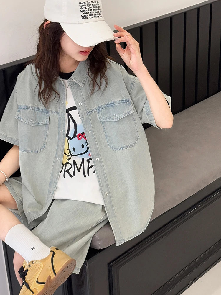 Girls' Summer Tencel Cowboy Set 2025 New Children's Shirt Shorts Two Piece Set Girls' Fashionable Clothes Trendy