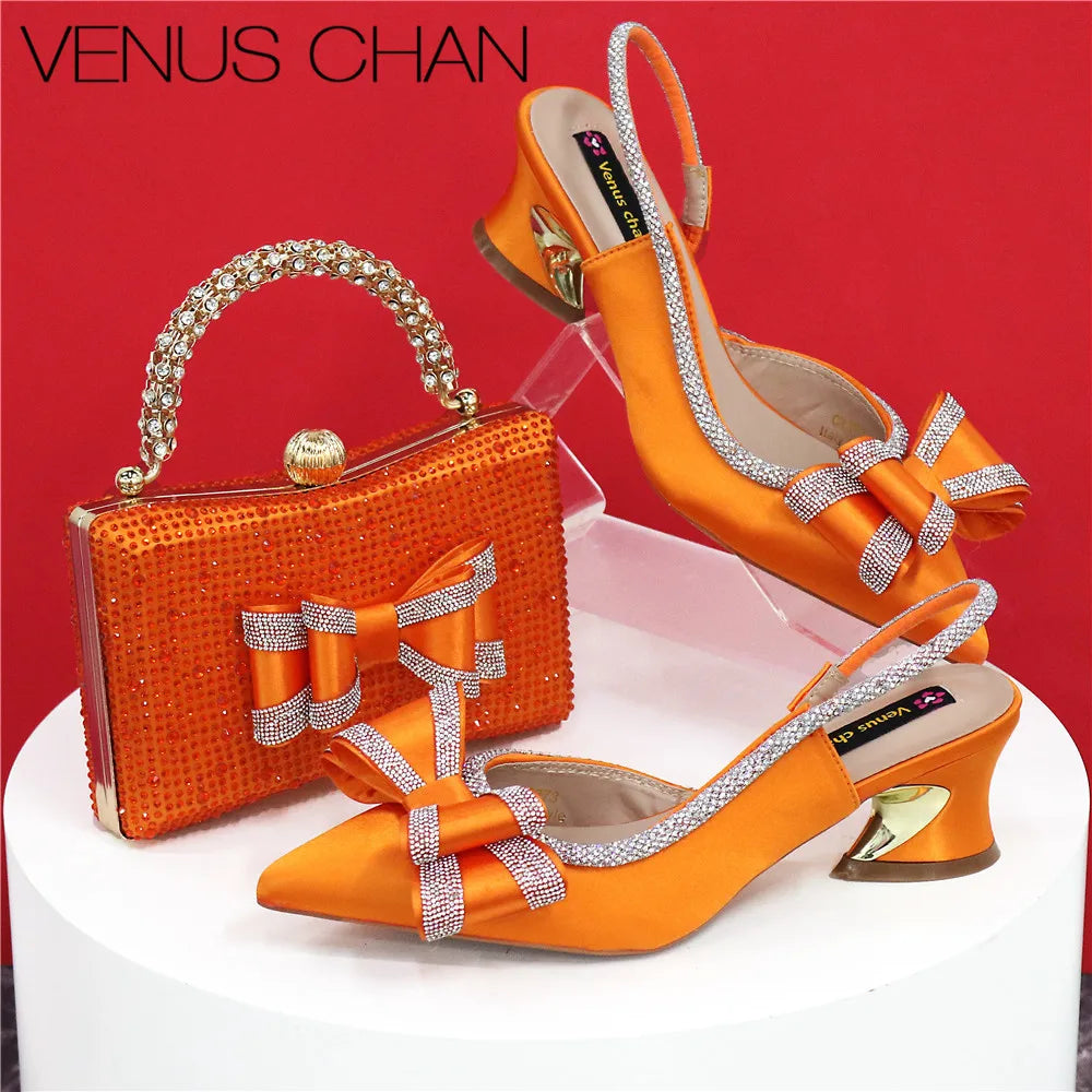 Med Heel Shoes for Women Hollowed Out Embroidery Rhinestone Italian Design Olive-green Color Pointed-Toe Shoes and Bags Set