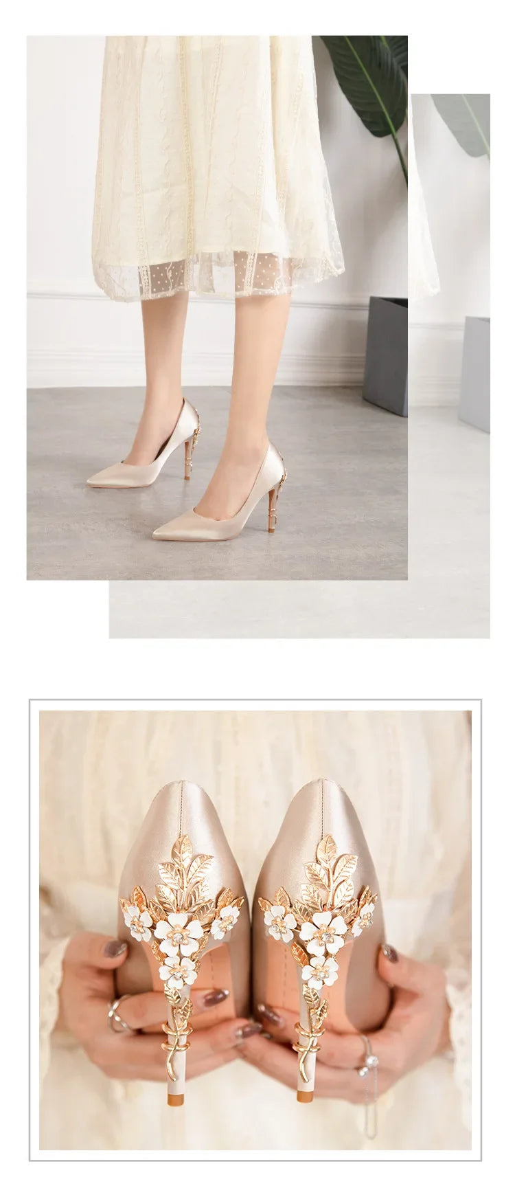Women's Metal Flowers Stiletto High-heel Shoes Female Light Luxury Sexy Fashion Wedding Shoes Pointed Toe Satin Single Shoes