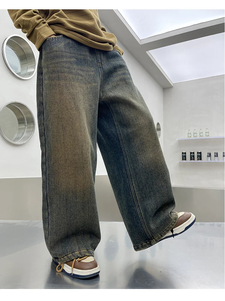 Autumn Winter School Boy Insulate Jeans Denim Pants Streetwear Child Retro Blue Straight Cut High Waist Warm Thermal Trousers