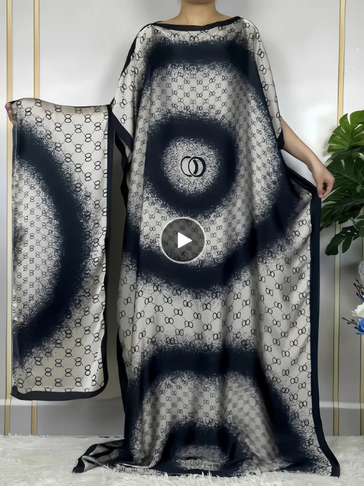 Summer New Fashion African Dresses For Women Elegant Printed Silk Muslim Lady Long Hijab Kaftan Dress Oversize Kuwait Abaya