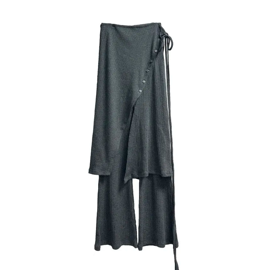 KUSAHIKI Street Thread Knitted Casual Buckle Split Tie Half Body Skirt Pants Two Piece Set for Women