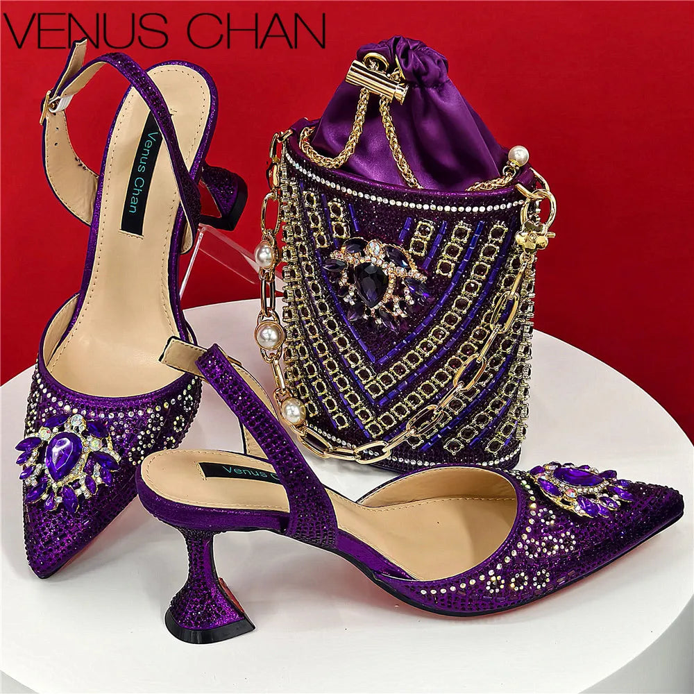 Nigerian Heel Party for Women Blue Color Shoes and Bag Set Rhinestone Handbag Italian Design Wedding INS 2025