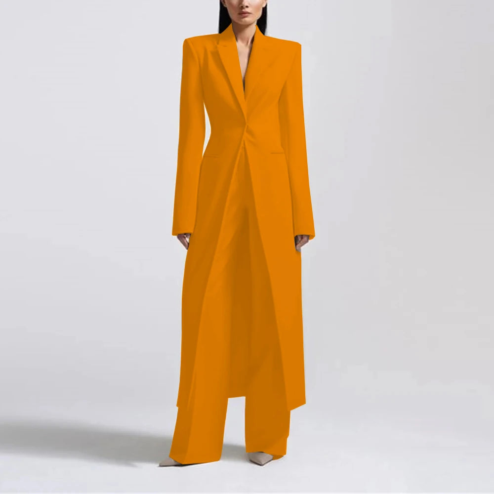Fashion Beige Women's Blazer PantsSuit Peak Lapel Long Coat Wedding Formal Suits Office Lady Jacket Pant 2 Piece