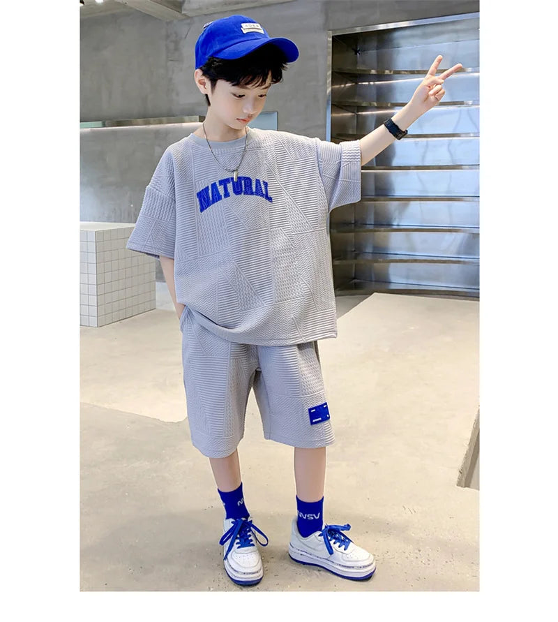 Boys Summer Casual Sets Thin Handsome T-shirt + Loose Shorts 2Pcs Kids Sportswear Loungewear Outfit Teenager Suit 5-14 Years
