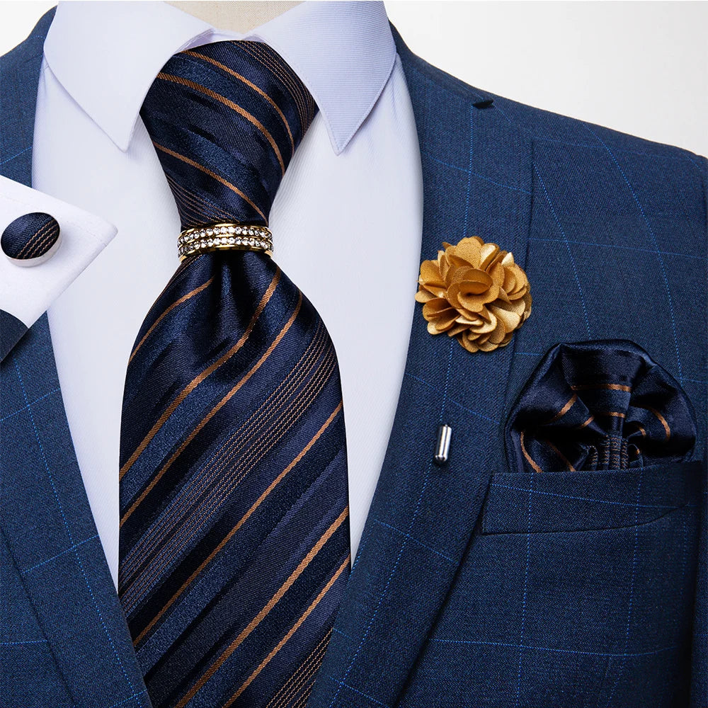 Men's Floral Red 8cm Ties Handkerchief Cufflinks Metal Ring Brooch Pin 5 Pcs Set Wedding Party Suits Accessory Gift for Husband