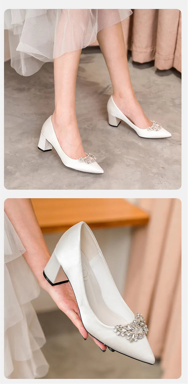White Wedding Shoes Thick Heel Bridal Shoes Rhinestone Pointed Toe Mid-heel Large Size 41-43 Dress Shoes for Wedding Women Pumps