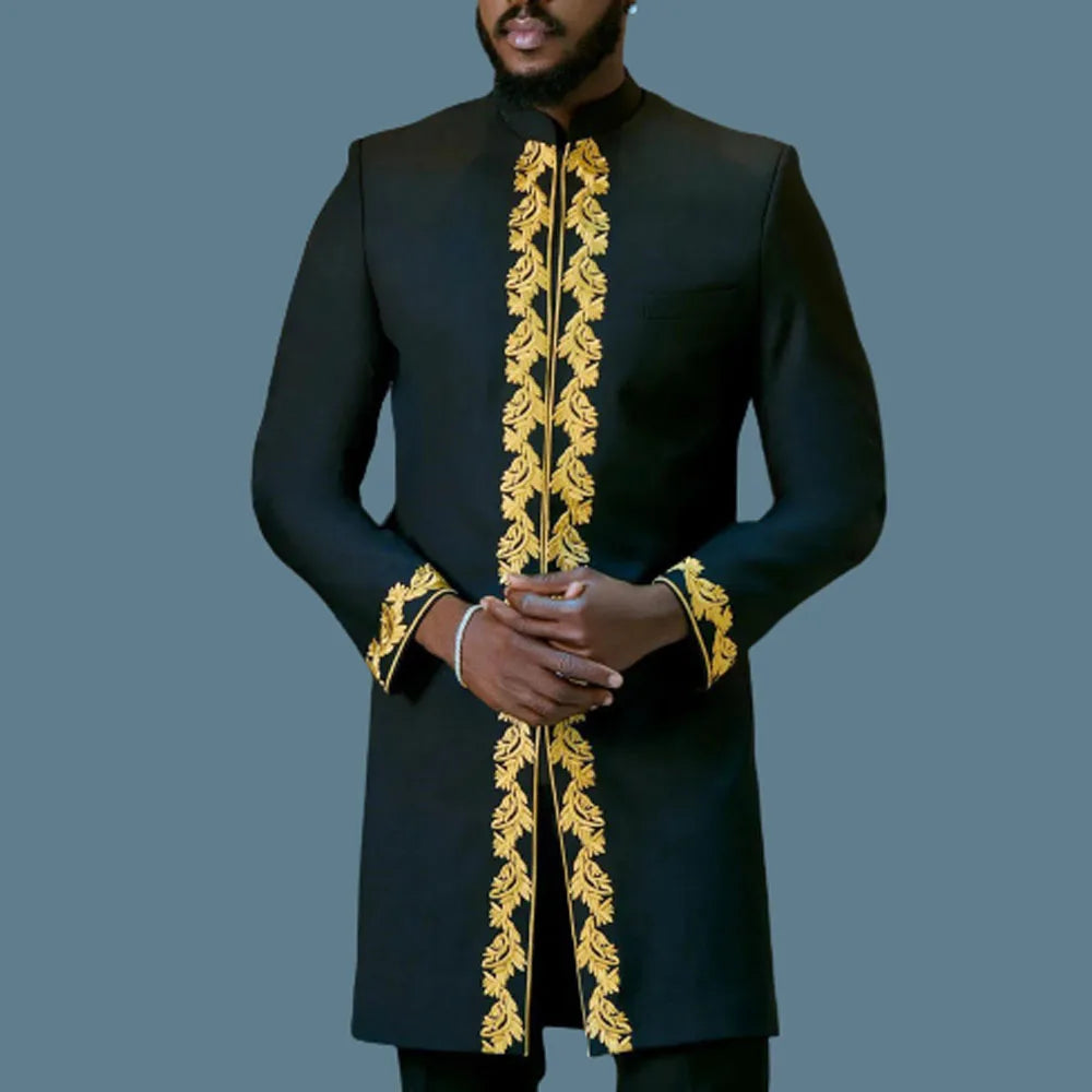 Kaunda Men's Suits Kaftan Outfits Round Neck Striped Print Long-sleeved African Ethnic Style Men's Sets Traditional Clothing
