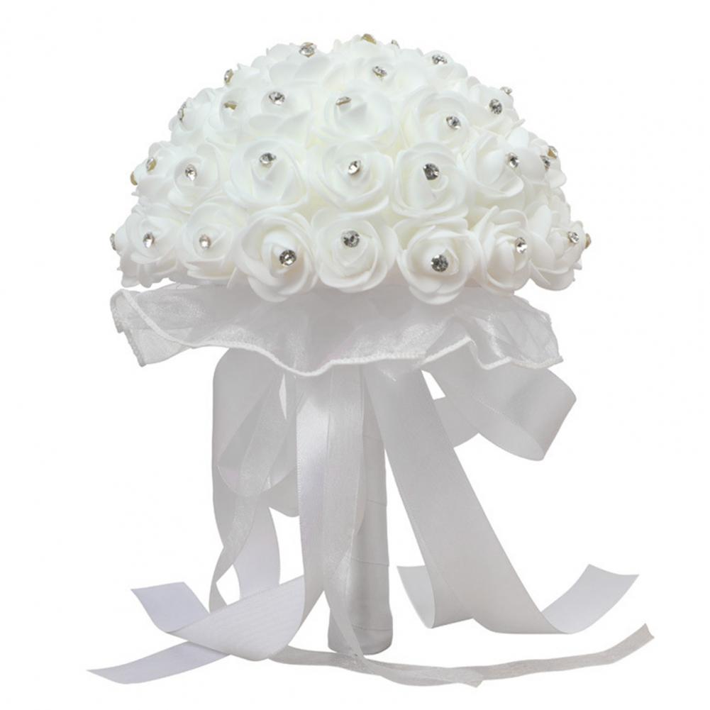 White Faux Silk Diamond Flower Ribbon Bouquet Wedding Bridal Holding Rose Bouquet Fake Flower for Wedding Decoration Flowers