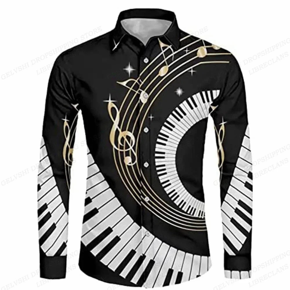 Long Sleeve Hawaiian Shirts Men Fashion Music Hawaii Shirt Instrument Beach Blouses Single Breasted Camisas Men's Clothing Aloha