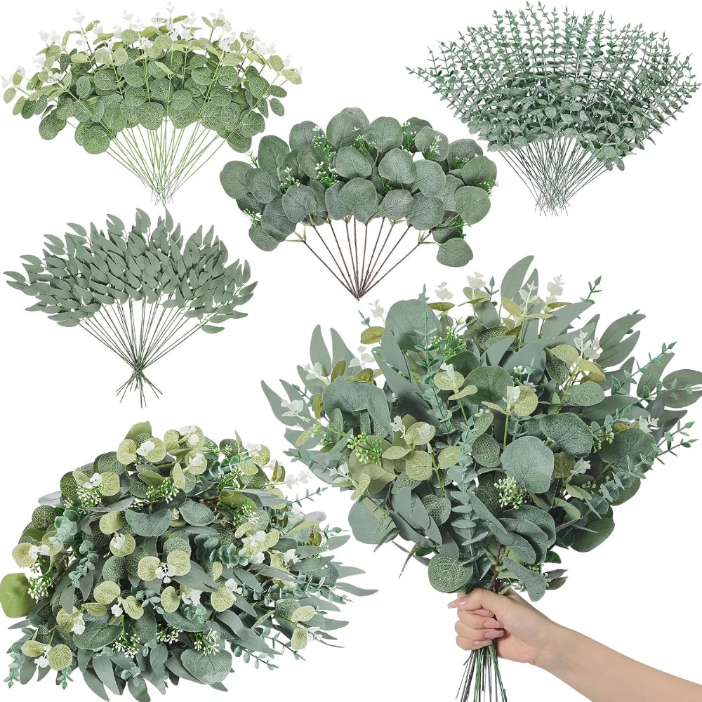 20pcs Artificial Mixed Eucalyptus Leaves Stems Silver Dollar Leaves for DIY Bouquets Floral Arrangement Home Decor Wedding