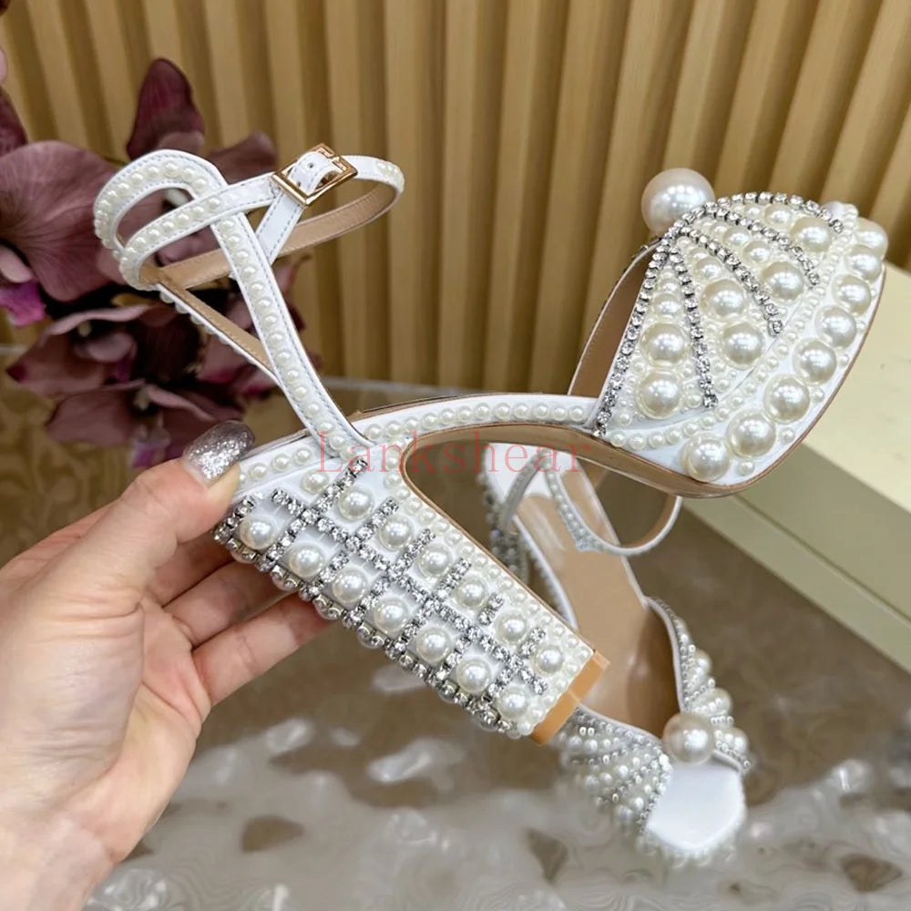 Pearl Crystal Platform Sandals Sexy Square Teoe Thick Heel Anke Strap New Arrivasl Fashion Women Modern Runway Shoes