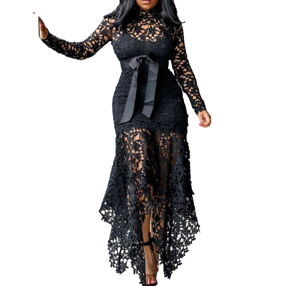African Ladies Evening Gown Dresses Sexy Lace Long Sleeve Stand Collar Strappy Irregular Elegant Plus Size Long Dress Wedding