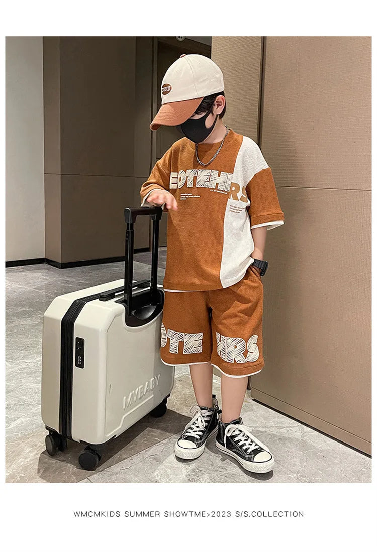 New Summer Teenagers Boys Clothing Sets Child Fashion Letter Top And Shorts 2Pcs Kids Tracksuit 4 5 6 7 8 9 10 11 12 13 14 Years