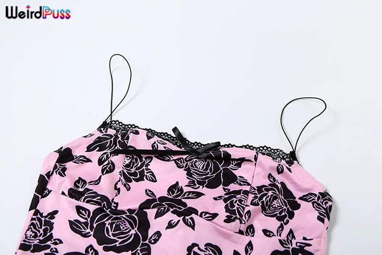 Weird Puss Flower Print Women 2 Piece Set Elegant Summer Trend Lace Bow Camisole+Peach Hip Skirts Matching Streetwear Outfits