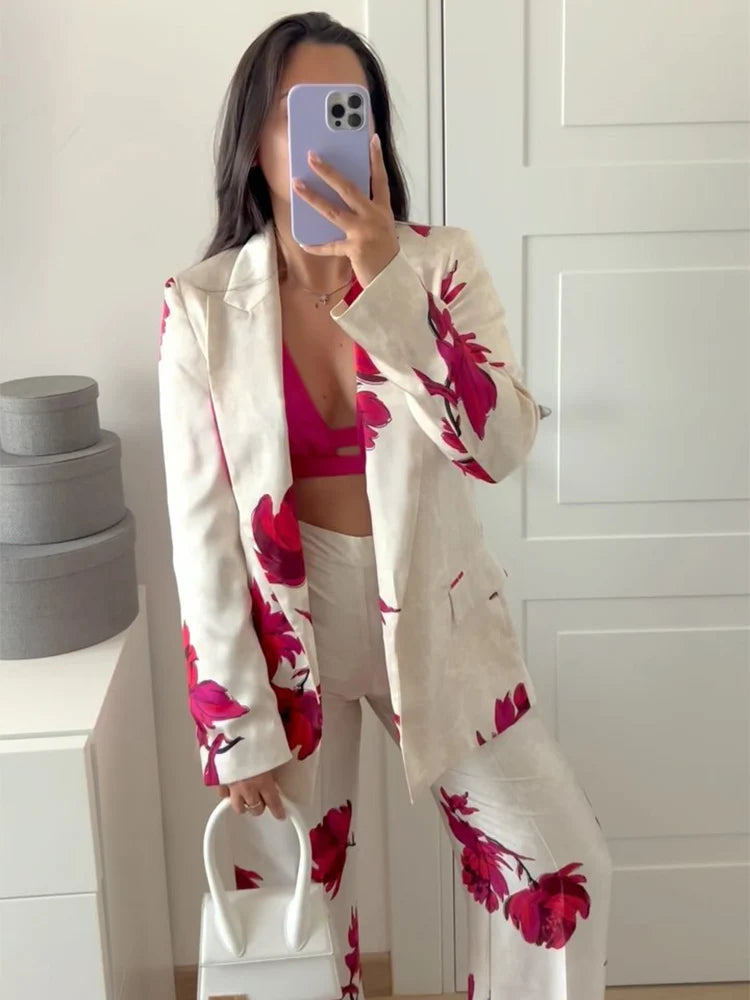 TRAFZA Women Print Lapel Long Sleeves Fake Pocket Decorate Blazer Top+2024 Slim Loose Side Zipper Wide Leg Pants Trouser Suit