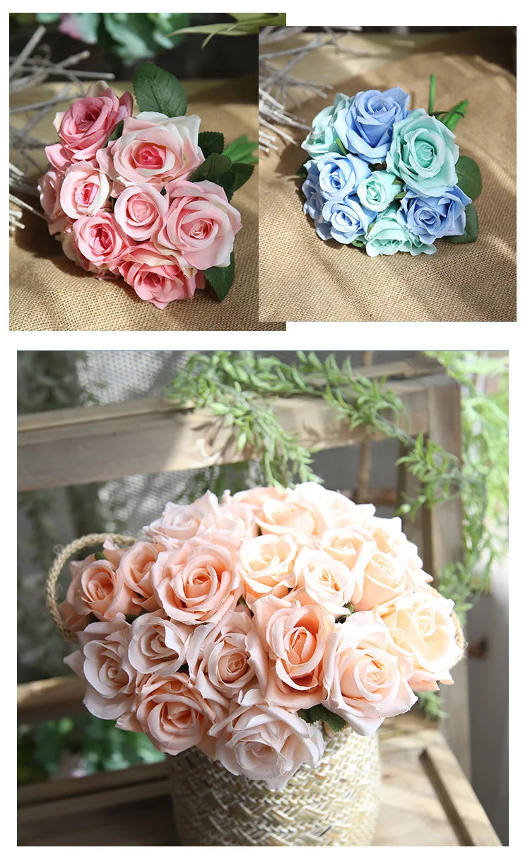 9 Head Artificial Bouquet Rose Bouquet Wedding Decor Artificial Flower Home Decoration Accessories Silk Flowers