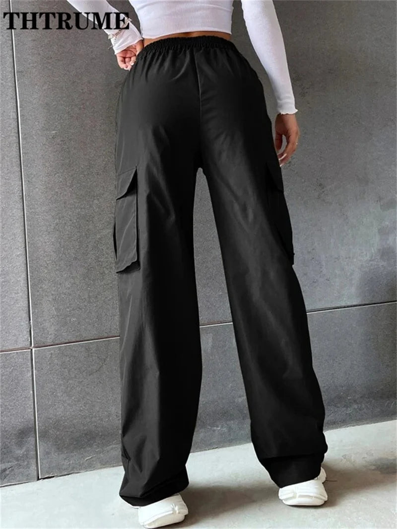 Vintage Streetwear Cargo Pants Fashion Women Solid Oversized Pocket High Waist Baggy Pant Casual Hip Hop Straight New Trousers