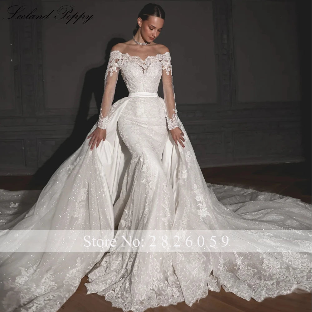 Lceland Poppy Customized Boat Neck Mermaid Lace Wedding Dresses Beaded Appliques Long Sleeves Bridal Gowns with Detachable Train