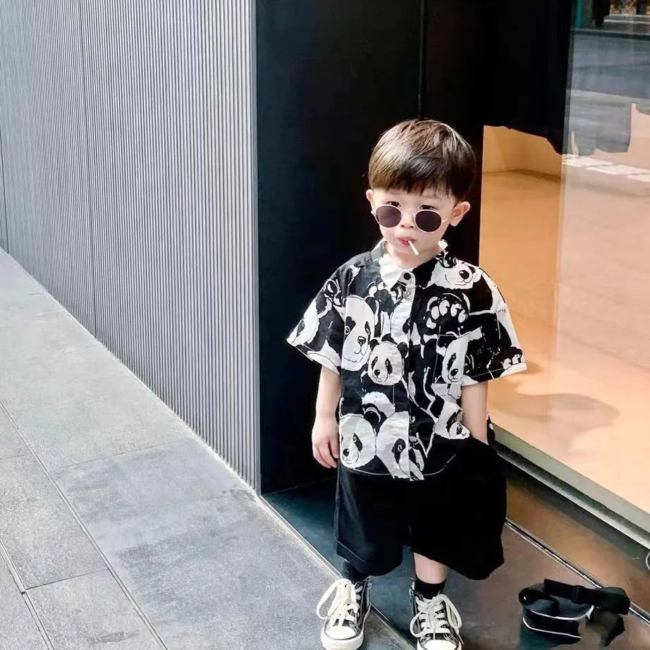 Summer fashion boys short sleeve shirt cartoon printed children turn-down collar shirt baby boy cotton Tops beach clothing