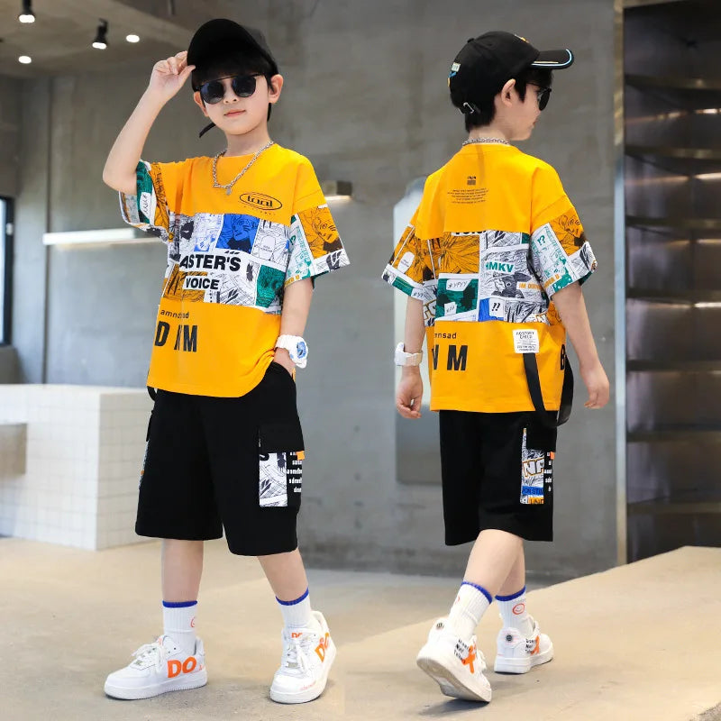 Summer Boys Cotton Alphabet Picture Printed T-Shirt Tops+Shorts Pant School Kids 2PCS Tracksuit Child Outfits Workout Set 3-16Yr