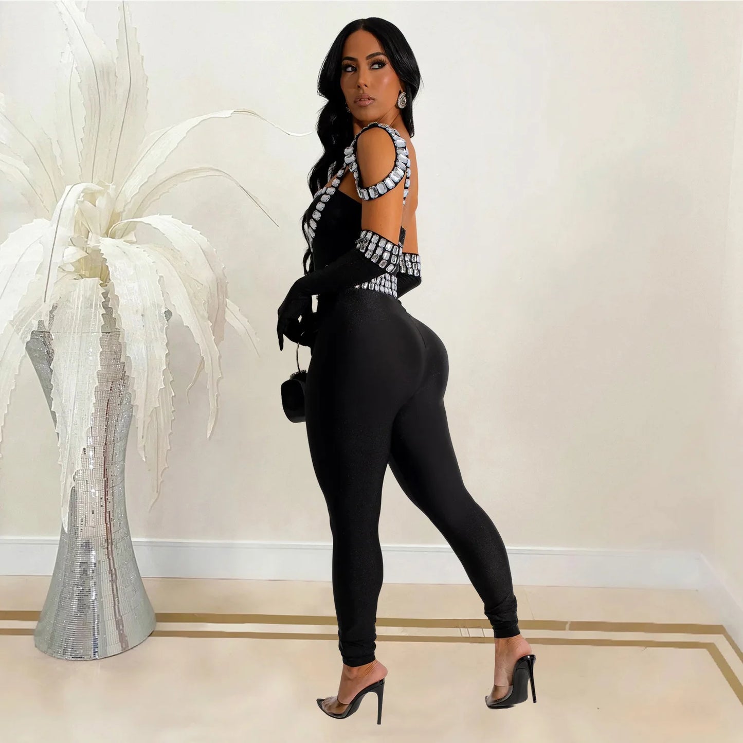 CM.YAYA Women Diamonds Hot Rhinestones Sexy Strap Long Sleeve Jumpsuits Streetwear Club One Piece Overall Rompers with Gloves