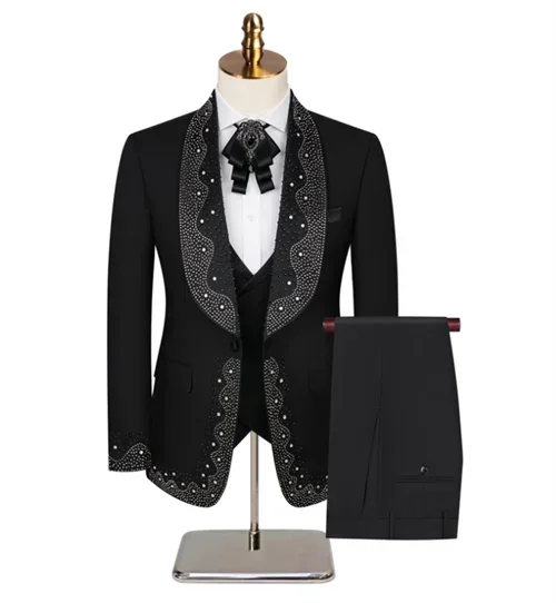 Luxury Wedding Suit For Fashion Men Beaded Slim Fit Groom Tuxedo Gentleman Party Suit 3 Pieces (Jacket+Pants+Vest) 2025
