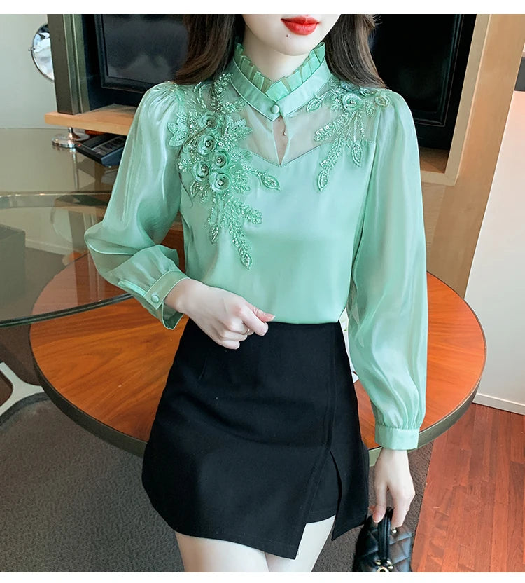 H Han Queen Elegant Autumn Shirt Embroidery Beads Chiffon Simple Office Blouse Loose Tops Long Sleeve Casual Blouses Women
