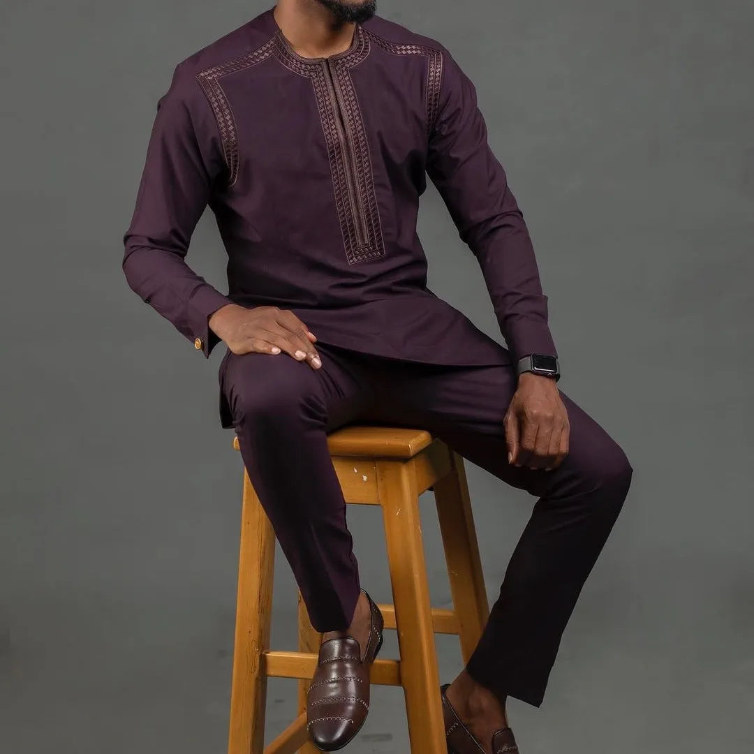 Kaunda Men's Suits Kaftan Outfits Round Neck Striped Print Long-sleeved African Ethnic Style Men's Sets Traditional Clothing