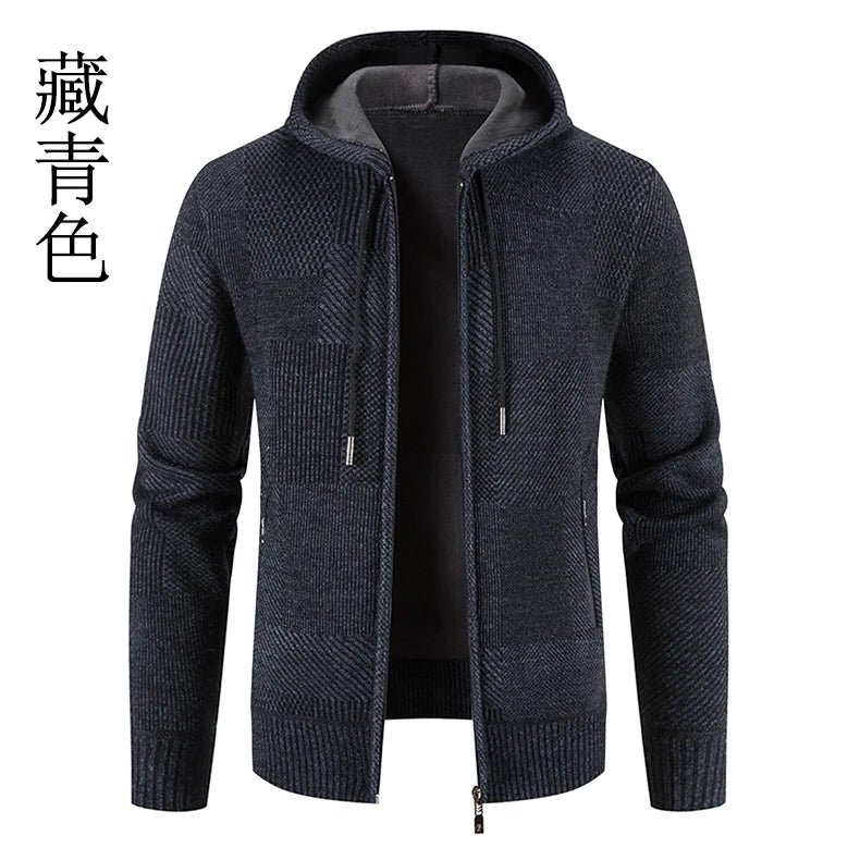 Men's Winter Sweater Jacket New Hooded Cardigan Knit Fashion Slim Fit Thick Warm Jumper Casual Zipper Hoodie Fleece Coat