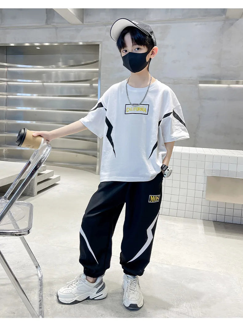 Summer Boys Cotton Alphabet Lightning T-Shirt Tops+Sweatpant School Kids 2PCS Tracksuit Child Jogger Outfit Workout Set 5-14 Yr