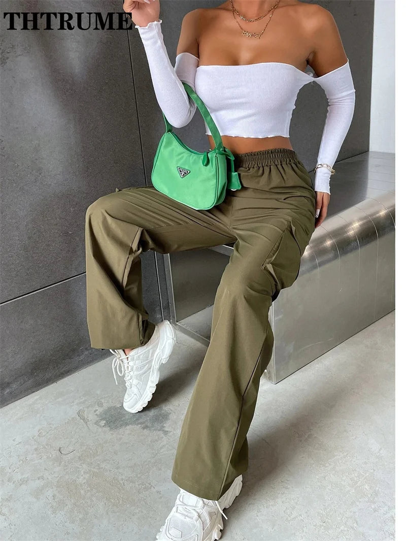 Vintage Streetwear Cargo Pants Fashion Women Solid Oversized Pocket High Waist Baggy Pant Casual Hip Hop Straight New Trousers