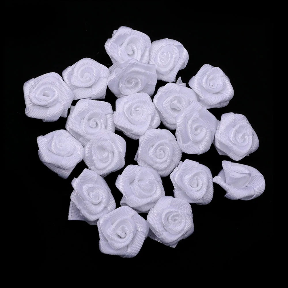 20Pcs/Lot Mini Handmade Rose Flower Satin Ribbon Rosettes Fabric Appliques For Wedding Decoration Craft Sewing Accessories