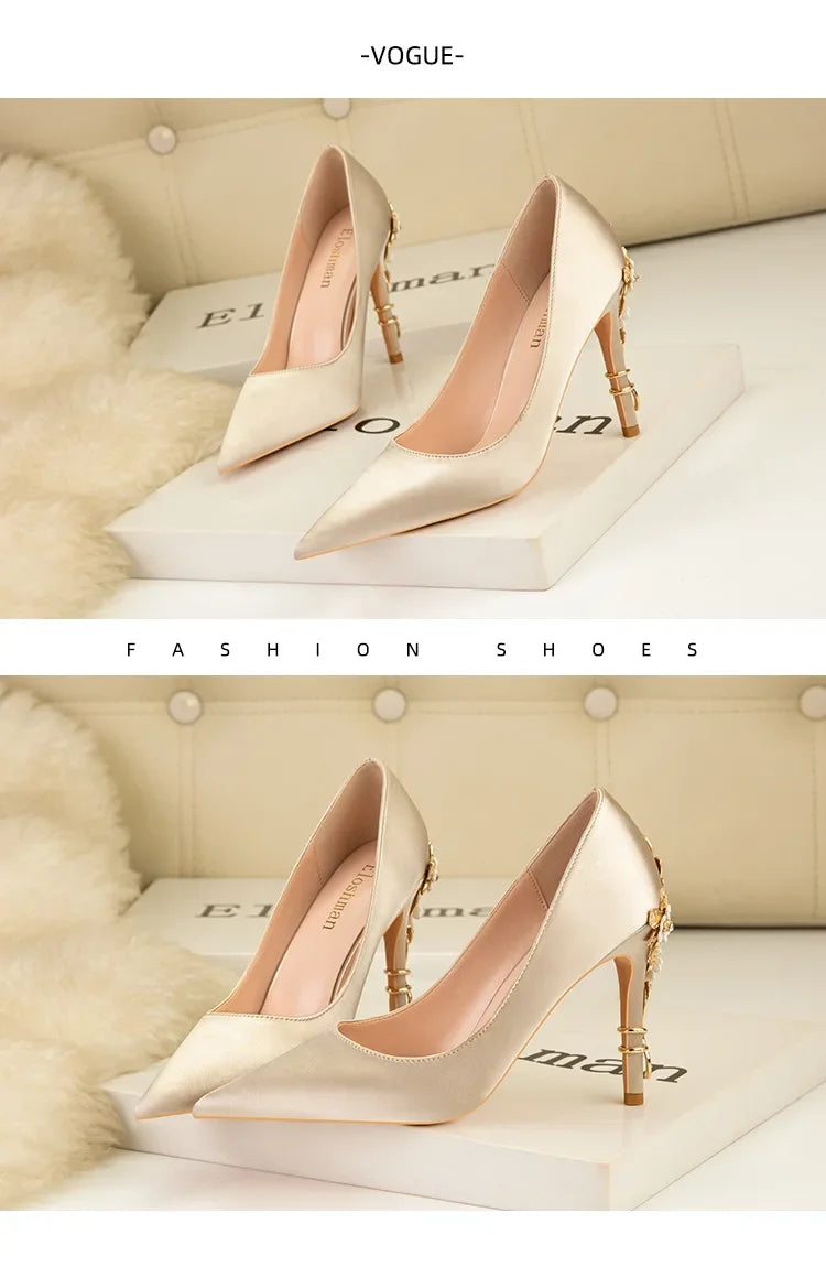 Women's Metal Flowers Stiletto High-heel Shoes Female Light Luxury Sexy Fashion Wedding Shoes Pointed Toe Satin Single Shoes