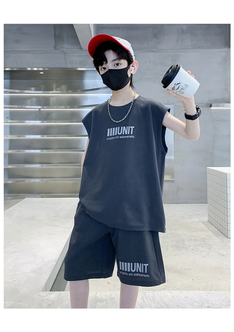 Boys Summer Suit New Children's Sleeveless Vest Sports Suit Fried Street Clothes Cool Handsome Summer Children's Clothing